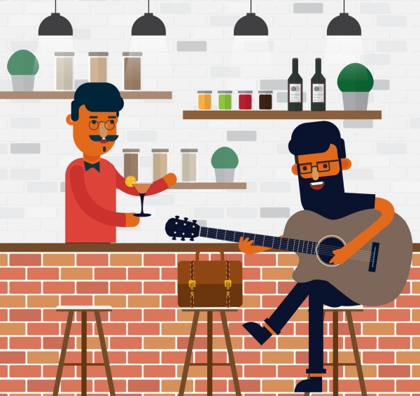 Бар рисунок бармен гитарист гость иконы цветной мультфильм