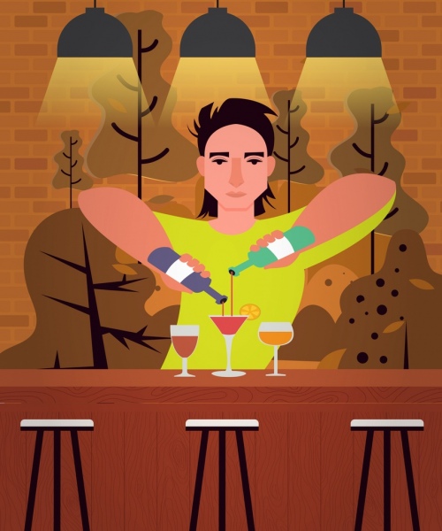 Bar Barkeeper zeichnen farbige Getränke mischen Zeichentrickfigur