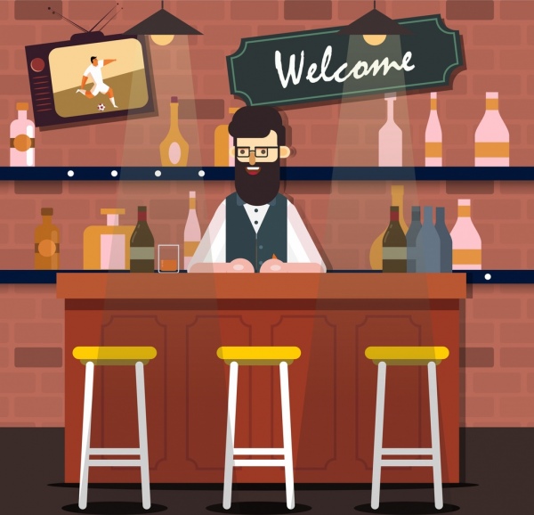 Bar menggambar laki-laki bartender kosong kursi ikon