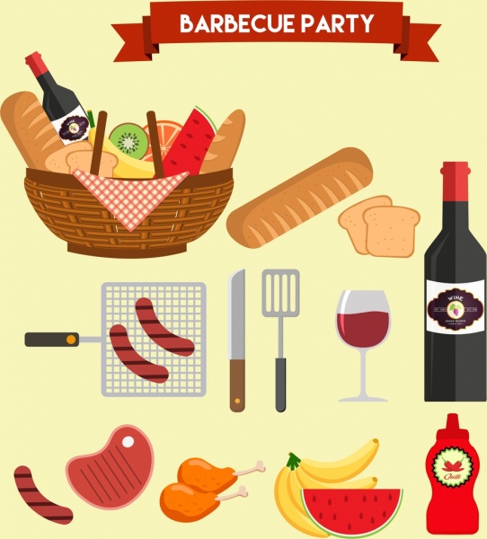 barbecue festa disegno paniere di prodotti alimentari vino icone