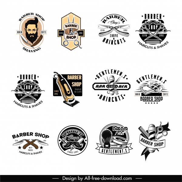 modelos de logotipo da barbearia vintage design ferramentas esboço