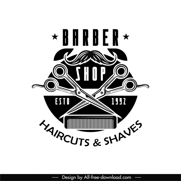 logotipo da barbearia preto branco plano retrô símbolos retrô