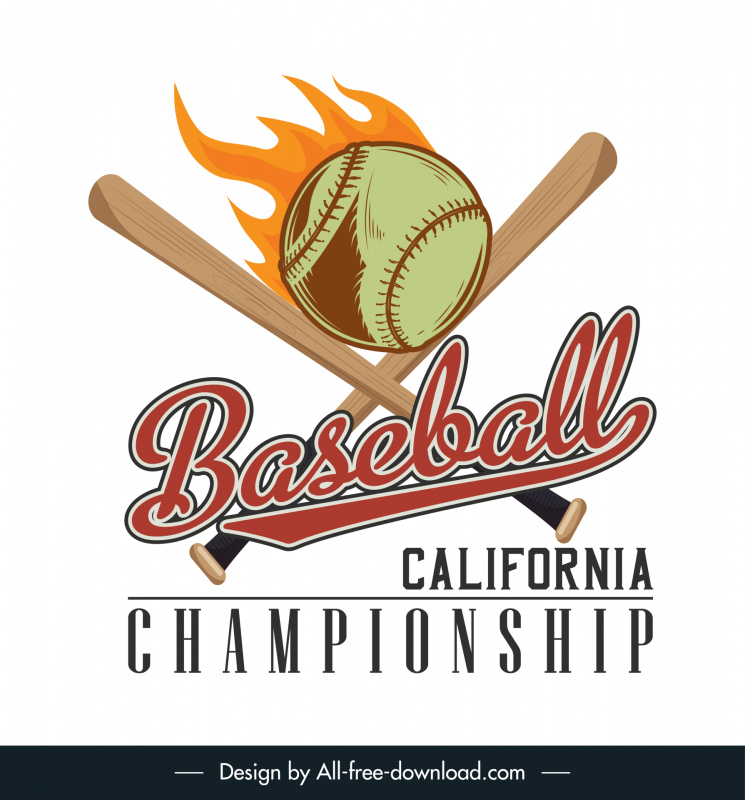 campeonato de béisbol torneo banner dinámico clásico pelota stick textos fuego boceto