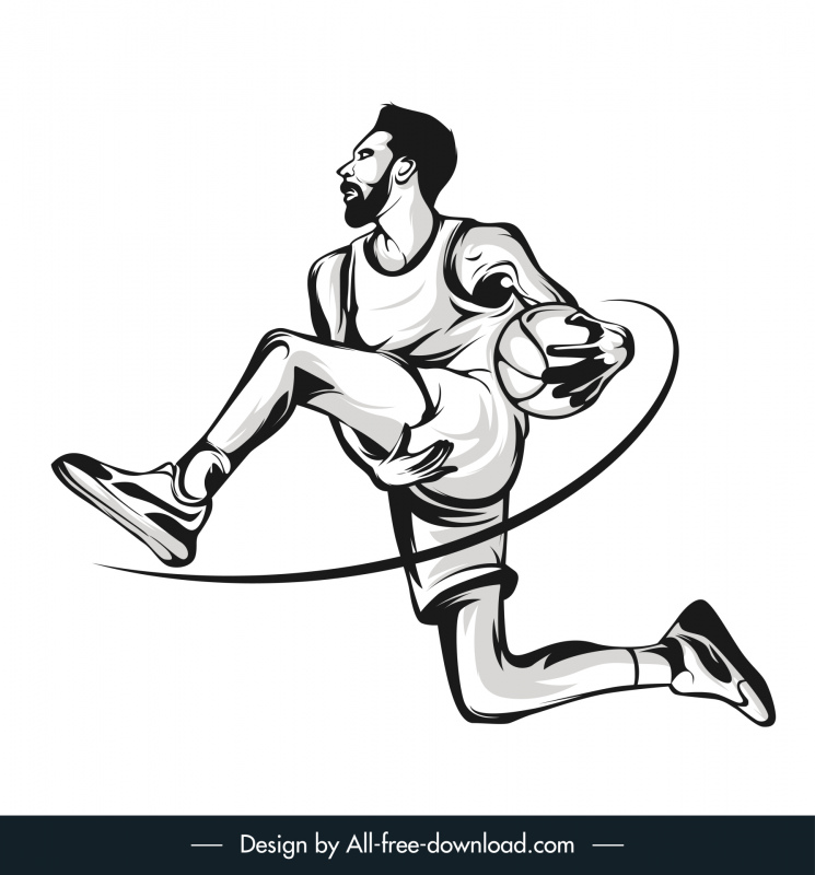 Basketbal joueur icône noir blanc dessiné à la main dessin animé croquis design dynamique