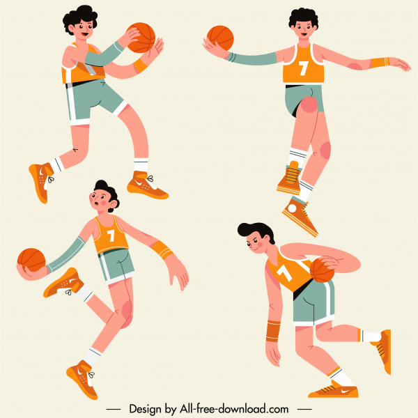 les athlètes de basket-ball icônes dessin animé caractères motion croquis