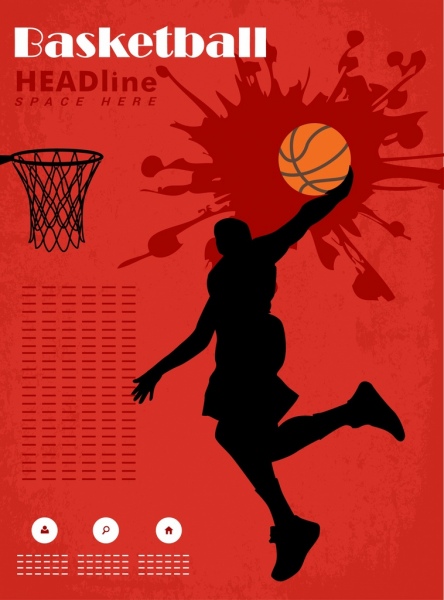 il basket banner modello red grunge design giocatore silhouette