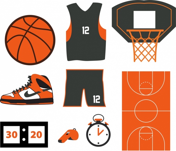 vários objetos coloridos dos elementos de design do basquete