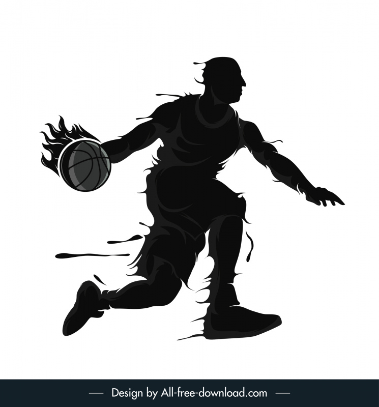バスケットボール選手のアイコンダークブラックシルエットダイナミックグランジフラットベクター画像デザイン