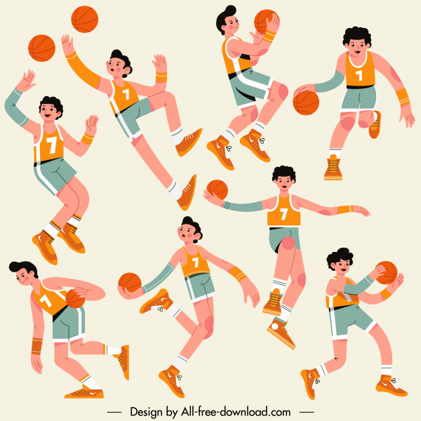 ícones do jogador de basquetees personagens de desenhos animados dinâmicos