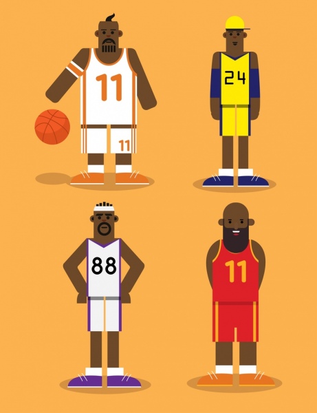 personagens de desenhos animados engraçado de ícones de jogador de basquete