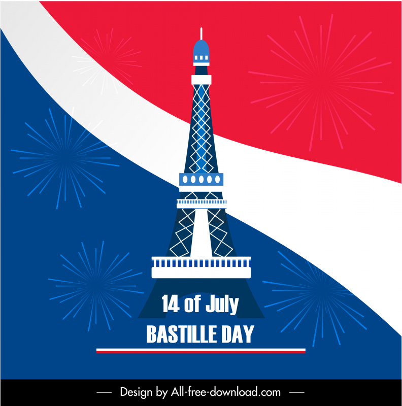 Plantilla de banner del Día de la Bastilla Francia Bandera de la Torre Eiffel Boceto de fuegos artificiales