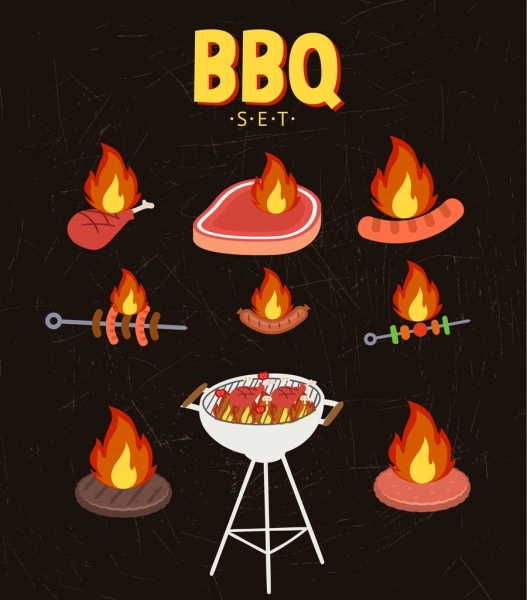BBQ Küche legt Feuer Nahrung Symbole Dekoration