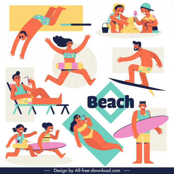 Beach Activities Icons Colored Cartoon Characters Sketch-vector Icon-free  Vector Free Download