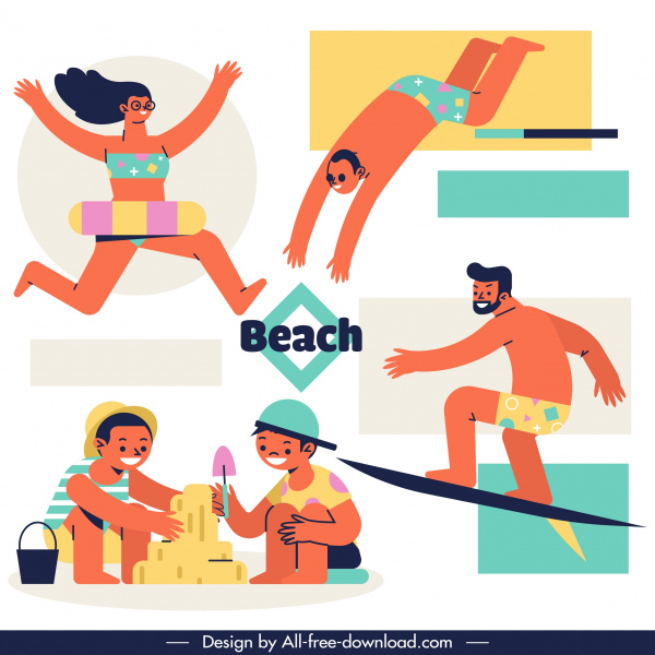 пляж деятельности иконы радостные люди эскиз мультипликационных персонажей
