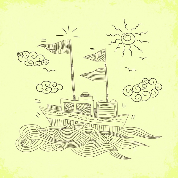 desenho de praia desenhado à mão design onda barco ícones do sol