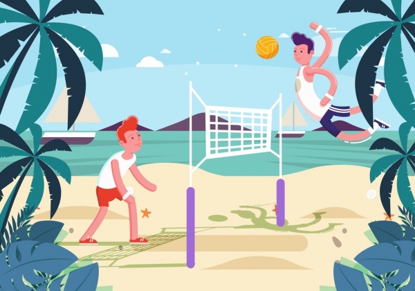 uomini di sfondo spiaggia vacanze giocando icone di volley ball