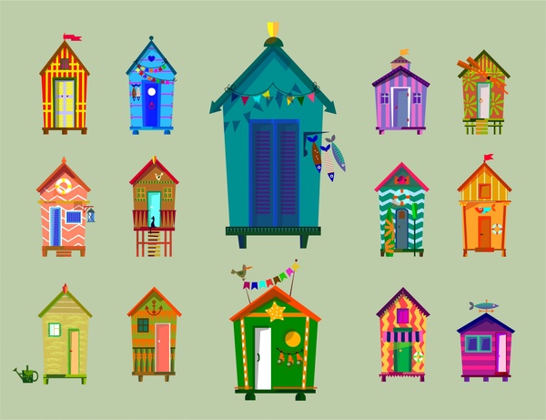 Beach huts koleksi ilustrasi dalam berbagai jenis warna-warni