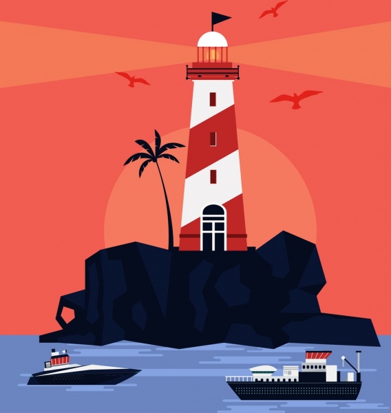 phare de peinture plage navires icônes rouge décor