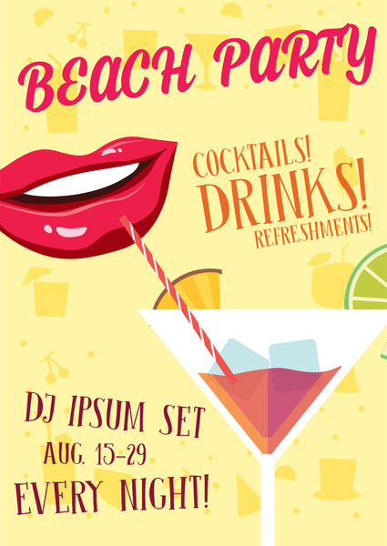 Beach Party Banner-Design mit dem Mund trinken cocktail