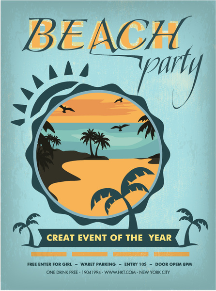 design de cartaz de festa de praia com círculos e árvores