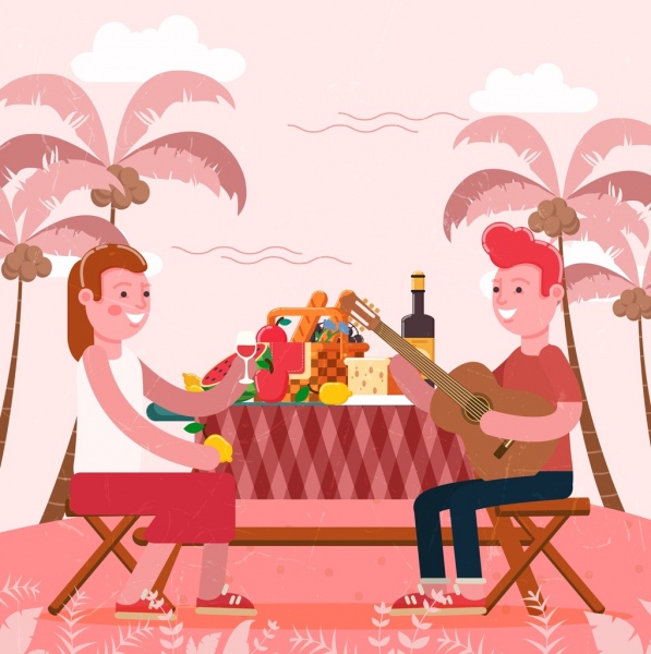 пляж пикник рисования пара продовольственной Иконы мультфильм дизайн
