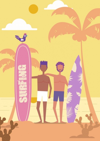 해변 휴양 배경 남자 서핑 보드 아이콘 만화 디자인