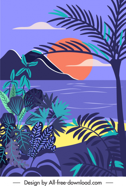 escena de playa pintando diseño retro dibujado a mano de colores oscuros