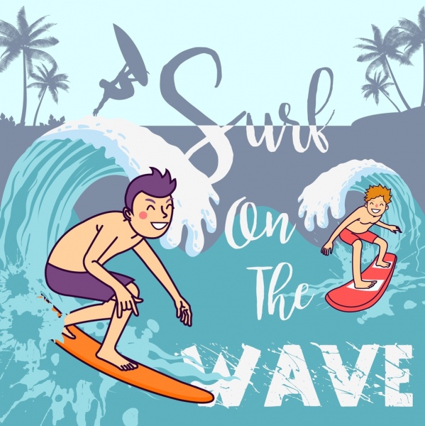 plage été bannière surfeur icônes colorées dessin animé