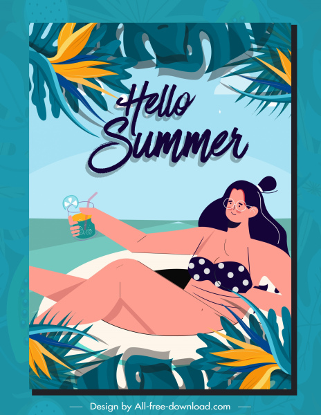 пляж летний плакат бикини девушка эскиз классический дизайн мультфильма