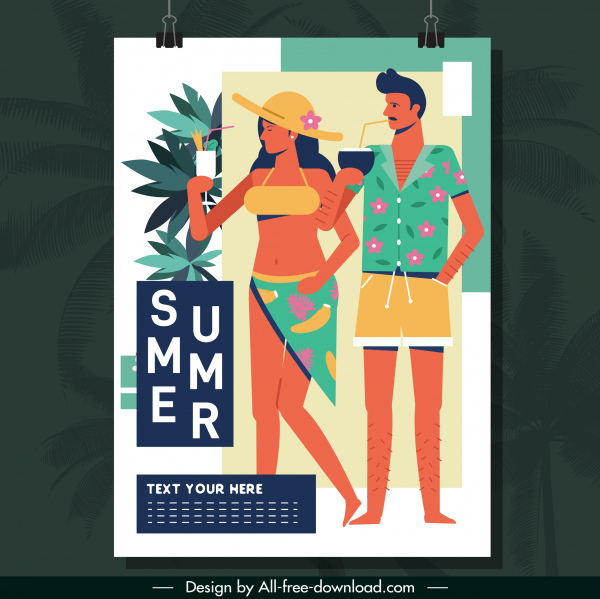 ビーチの夏のポスターカップルアイコンカラフルなクラシックなデザイン