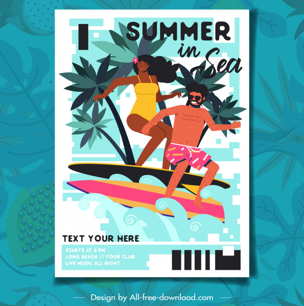 Pantai musim panas poster surfing pasangan ikon karakter kartun