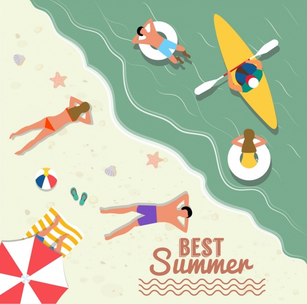 Playa vacaciones de verano banner colored Cartoon vista superior