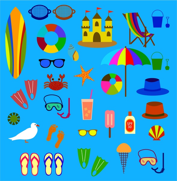 Pantai simbol ikon terisolasi dengan berbagai tipe berwarna