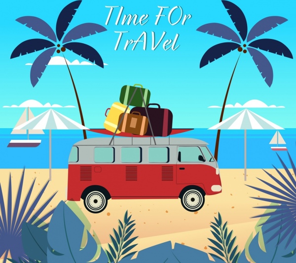 spiaggia viaggio banner autobus bagagli icone fumetto colorato