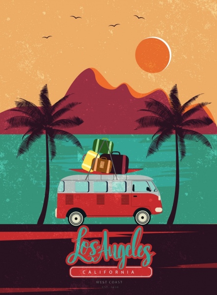 viaje playa coche equipaje los iconos retro diseño publicitario