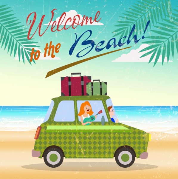 Pantai perjalanan banner mobil Bagasi ikon desain retro