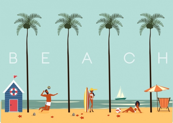 Pantai liburan latar belakang kelapa orang teks dekorasi