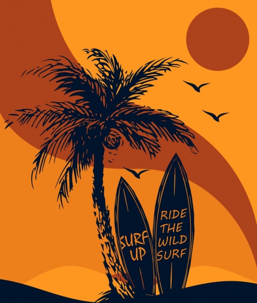 Pantai liburan latar belakang kelapa papan selancar matahari ikon
