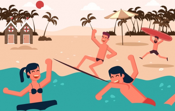 Pantai liburan latar belakang orang-orang gembira ikon kartun berwarna