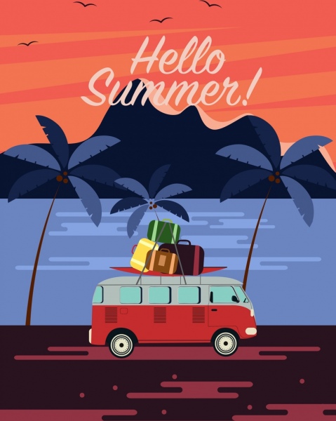 海灘度假橫幅巴士行李椰子圖示裝飾