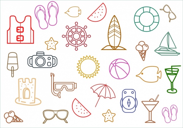 Beach Vacation Design Elements Outline Colored Flat Style