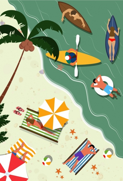 Pantai liburan menggambar kartun berwarna orang-orang yang rekreasi