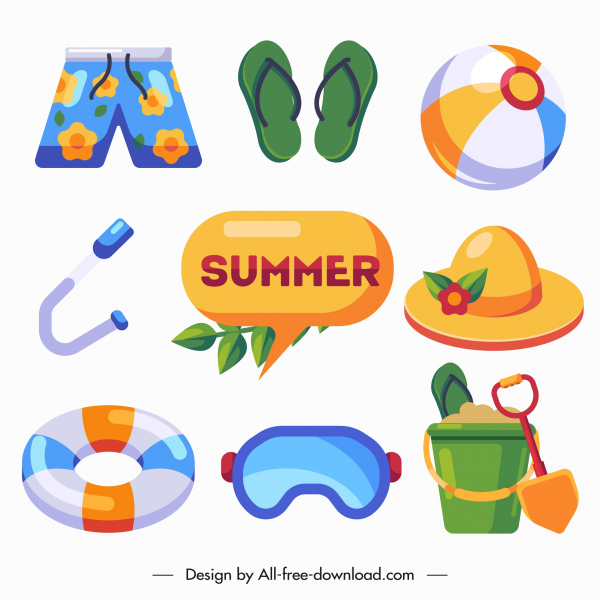 playa vacaciones iconos coloridos objetos bosquejo