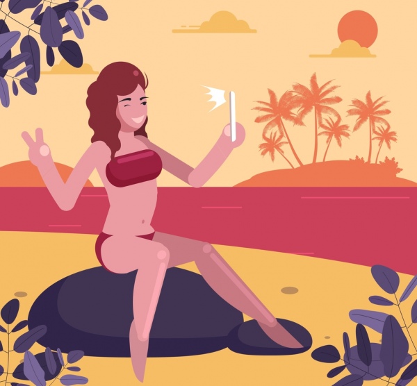 selfie 女性アイコン漫画のキャラクターを描くビーチ休暇
