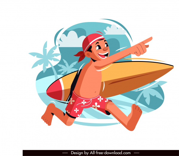 spiaggia vacanza pittura surfista schizzo cartone animato design