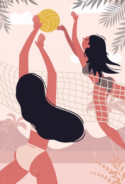 pemain bikini Pantai voli latar belakang berwarna kartun desain