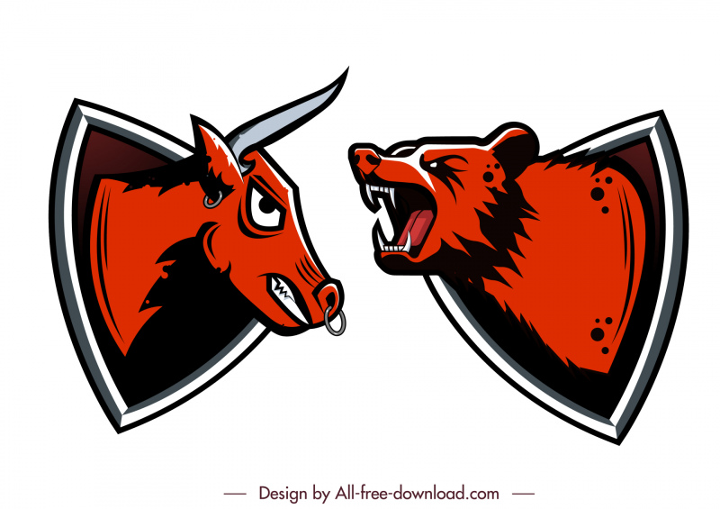 Ikon ikon perdagangan saham Bear Buffalo Heads sketsa klasik yang digambar tangan