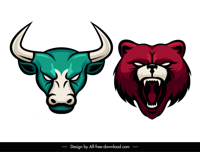Bear Bull Heads Stock Trading Elementos de diseño dibujados a mano Boceto dibujado a mano