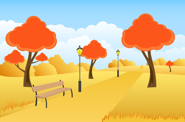 Ilustración de vector paisaje otoño hermoso con estilo de dibujos animados