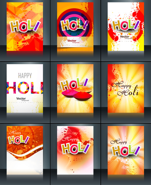 تعيين خلفية جميلة لجمع المهرجان الهندي الملونة هولي كتيب بطاقة انعكاس ناقلات قالب تصميم